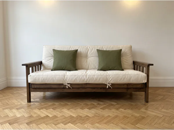 Futón Sofá Cama Crudo en vista frontal, fabricado en La Plata